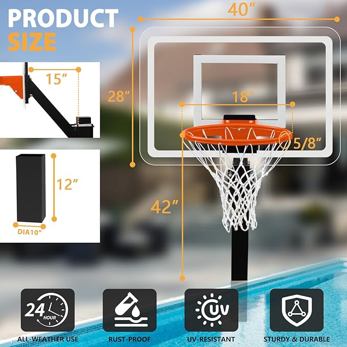 PROGOAL Aluminum Shot and Dunk Poolside Basketball Hoop - In Ground Removable Rust-Resistant Adjustable Height Pool Basketball Game System with Clear Backboard 1/2 Springs Rim and Three Balls