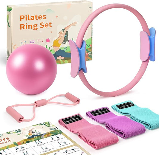 Pilates Ring Equipment Kit at Home, Resistance Bands and Exercise Ball for Women Workout Set, Pilates Rings 14 Inch Yoga Magic Circle Working Out, Pilates Equipment Essentials Kit Accessories