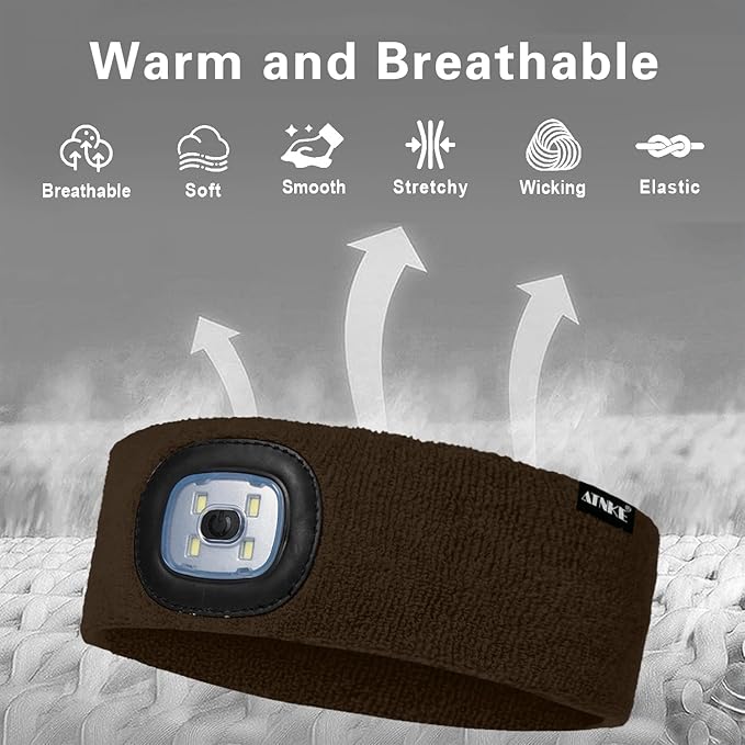 ATNKE 4 LED Lighted Sport Sweatband,USB Rechargeable Running Head Band Lamp High Stretch Wicking Gifts for Men and Women