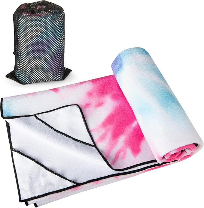 Colorful Star Large Yoga Towel with Corner Pockets, Non Slip Grip Dots Absorbent Hot Yoga Mat Towels, Yoga Blankets with Travel Bag, Mat Cover for Workout, Gym, Fitness - 74"x26", Pink Blue Tie-dye