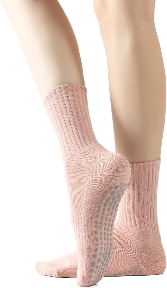 Yoga Pilates Socks with Grips for Women Non Slip Solid Colored Fleece Cushioned Mid Calf Crew Socks for Barre Ballet Dance