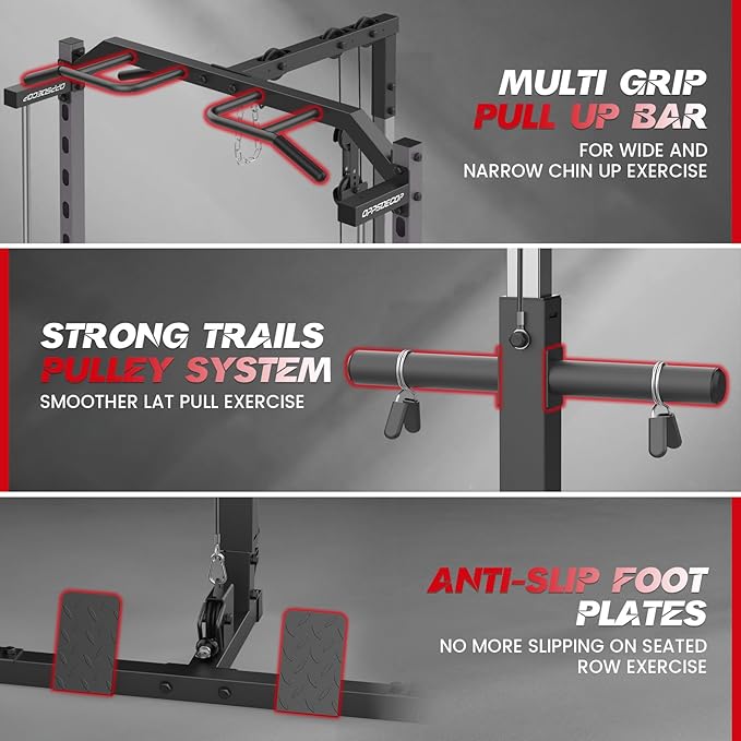 Smith Machine with LAT-Pull Down, Multi-Functional Smith Machine, Power Cage with Cable Crossover, Squat Rack with Landmine, Barbell Bar, Plate Storage Pegs and More Training Attachment