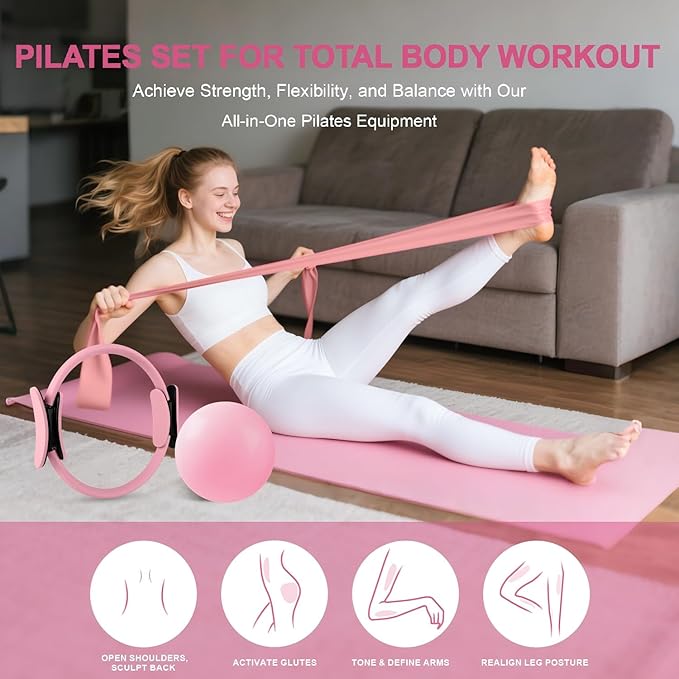 Home Pilates Essentials Kit for Women, Pilates Equipment Ring and Ball Set, Pink Workout Set Including Magic Circle, 5 Loop Bands ,Massage Ball, Premium Kits for Starter Toning Workouts at Home