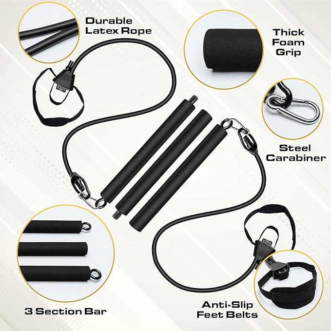 Pilates Bar Kit with Resistance Bands for Women & Men(30,40,50 Lbs), Pilate Bar with Non-Slip Foot Belts, 3-Section Pilates Bar Workout Equipment for Legs, Hip, Waist and Arm