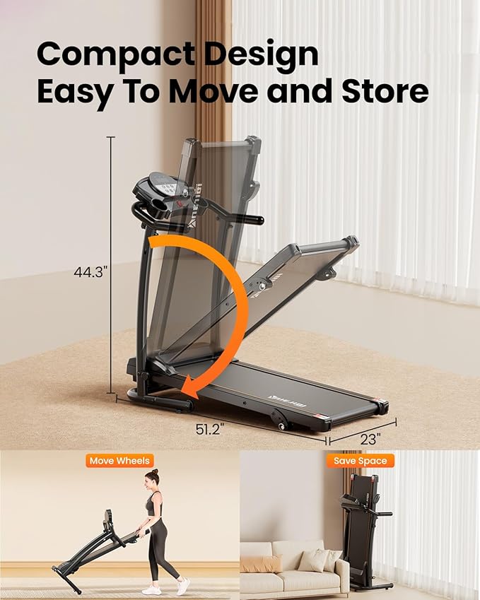 Treadmills for Home, 3.0HP Quiet Brushless Foldable Treadmill with Incline, Small Space Portable Running Walking Machine, 300 Lbs Capacity with Bluetooth APP & Pulse Monitor