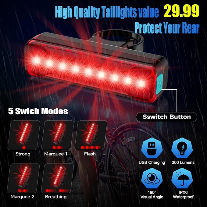 2025 Upgrade Super Bright Rechargeable Bike Lights for Night Riding,6 LED High Lumen 10 Mode Bike Headlight Taillight,360°Rotatable Brackt,Aluminum Front Lights,Runtime 48+ hrs,Shockproof Waterproof