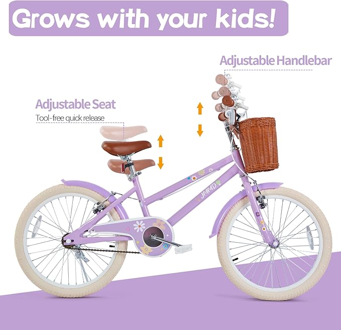 JMMD Girls Bike for 4-12 Years Old Kids, 12 14 16 18 20 24 Kids Bike with Training Wheels, Basket and Doll Seat, Toddler Girls Bicycles with Handbrake & Kickstand, Multiple Colors