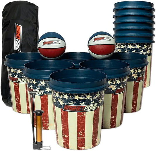 USA – Giant Yard Pong and Basketball Game with 12 Buckets, 2 Balls, Carrying Bag, and Air Pump – Outdoor Game for Lawn, Backyard, Beach, and Parties