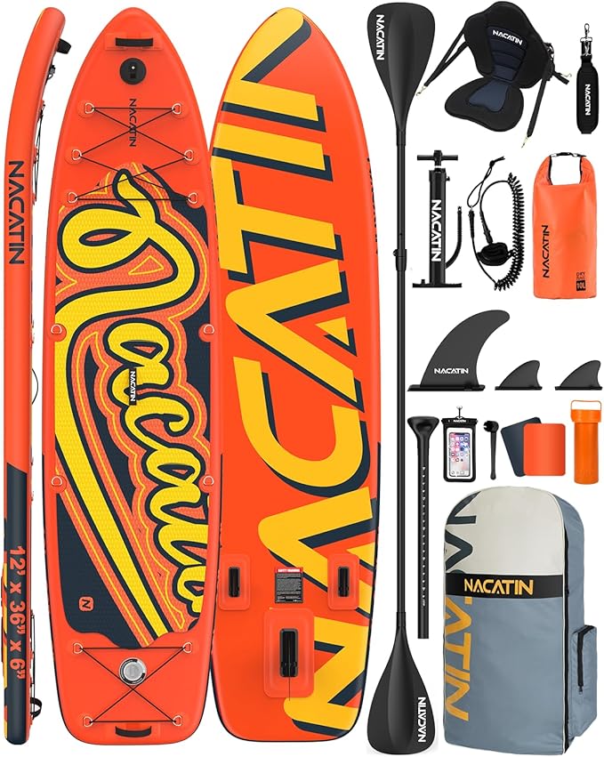 Inflatable Stand Up Paddle Board 12' with Kayak Seat & Dual Paddles – Premium SUP Board for Adults & Families Includes Kayak Conversion Kit, Pump, Leash & Accessories – Stable Wide Deck for Beginners