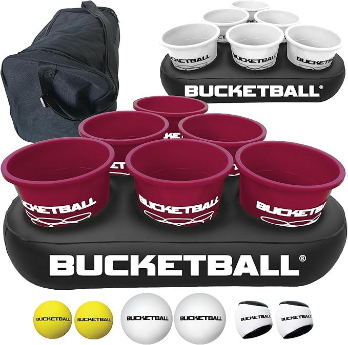 BucketBall | Team Color Edition | Party Pack (Maroon/White): Original Yard Pong Game: Best Camping, Beach, Lawn, Outdoor, Family, Adult, Tailgate, Jumbo, Giant Game