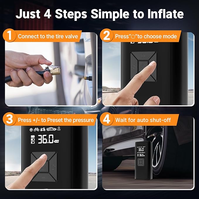 Tire Inflation Portable Air Compressor, 6x Speed 150 PSI Cordless Multi-Function Smart Air Pump with Digital Pressure Gauge - Fast Tire Inflator for Cars, Motorcycles, Pickup, Balls and More