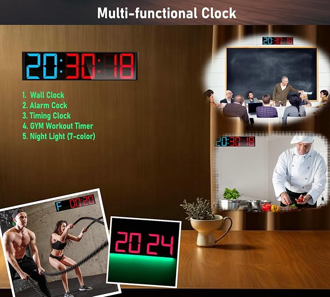 26'' Huge Home Gym Interval Workout Timer Clock, Digital Wall Clock with Seconds Countdown/up, Stopwatch, 8-Alarms, 7-Color Night Light for Tabata/HIIT/MIIT/EMOM/FGB/Boxing (Blue-Red)