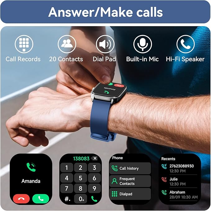 Smart Watch for Women/Men Android & iPhone, 1.85" Touch Screen Fitness Tracker with Answer/Make Call, IP68 Waterproof 24/7 Health/Sleep Monitor, Pedometer, 100+ Sport Modes (2 Bands), Dark Blue
