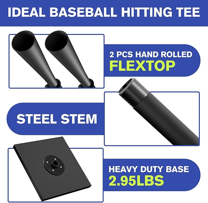 ctc connexions Batting Tees for Baseball/Softball, Portable Hitting Tee with 2 PCS Flexible Rubber Tops - Height Adjustment from 25-36 inches, Heave Duty Base Baseball Tee for Kids/Youths/Adults