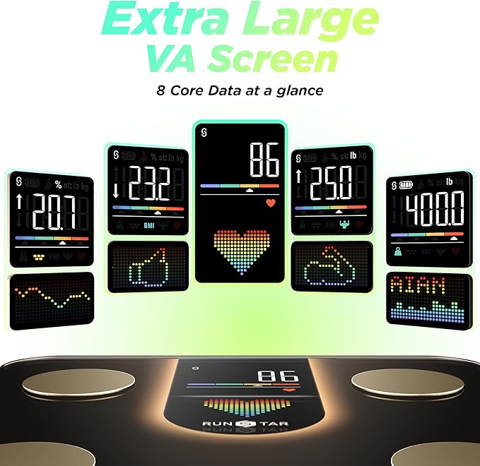 RunStar Scale for Body Weight, Smart Scale with 8-in-1 VA Display, High Precision Bathroom Digital Scale for Body Weight Heart Rate BMI Body Fat 22 Body Composition Sync APP, FSA&HSA Eligible