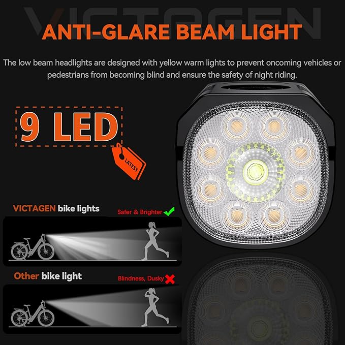 Victagen Bike Lights Kit 9LED Bike Headlights High & Low Beams, Ultra-Light and Bright Bicycle Lights, Waterproof Bike Lights for Night Riding, USB-C Bicycle Front and Rear Lights