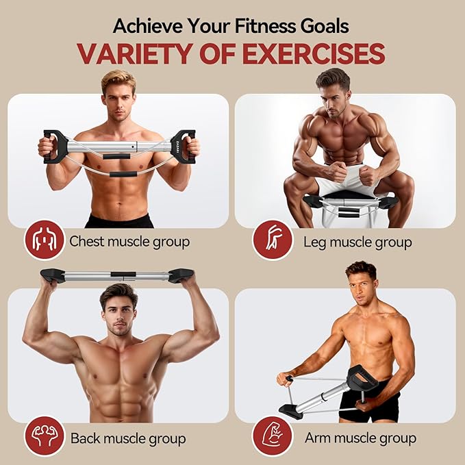 Multi-Function Isometric Exerciser, 4-Level Resistance Trainer (26-90 lbs) for Home Gym - Chest Expander, Arms Twister, Thigh & Archery Workout Tool for Full Body Strength Training