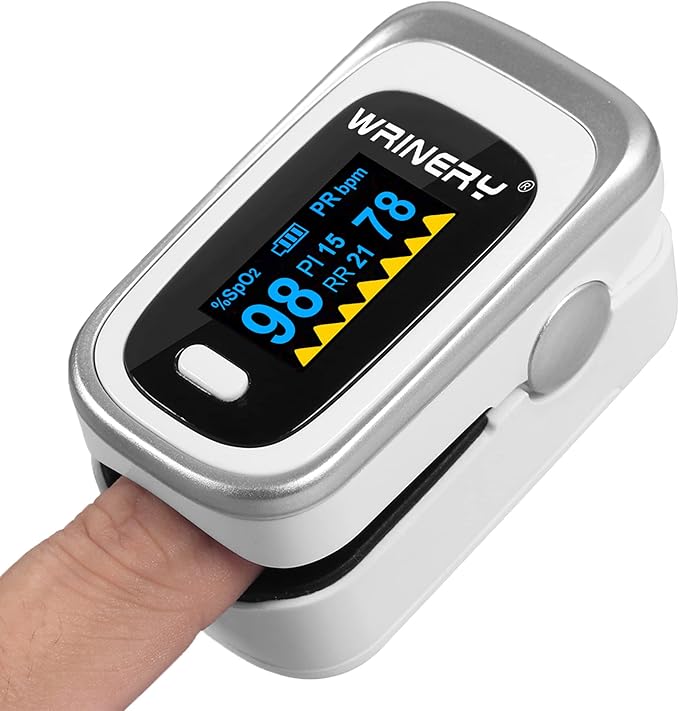 WRINERY Oxygen Saturation Monitor, Pulse Oximeter Fingertip, Oxygen Monitor, O2 Saturation Monitor, OLED Portable Oximetry with Batteries, Lanyard (Silver-White)