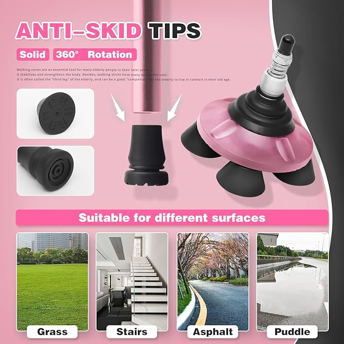 BigAlex Folding Walking Cane with LED Light,Pivoting Quad Base,Adjustable Walking Stick with Carrying Bag for Men/Women