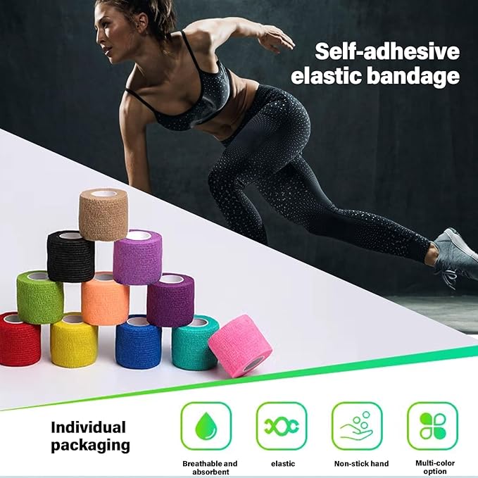 OZER 12 Pack 2 Inch x 5 Yards Self Adhesive Bandage Breathable Cohesive Bandage Wrap Rolls Elastic Self-Adherent Tape for Stretch Athletic, Sports, Wrist, Ankle (Colorful, 2 Inch)