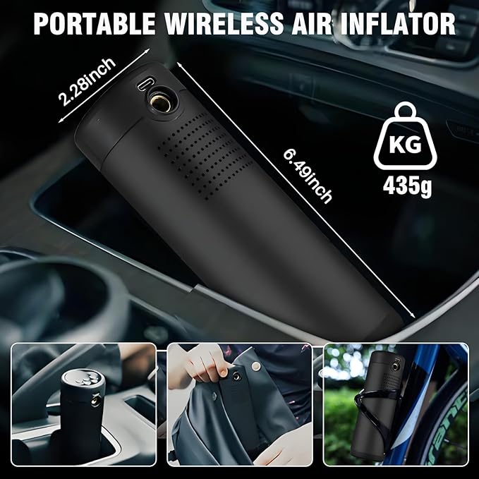 Tire Inflator Portable Air Compressor, 6X Cordless Air Pump for Car Tires with Pressure Gauge, Battery Power Bike Tire Pump, 150PSI Portable Tire Inflator for Car, Motorcycle, Bicycle, Ball