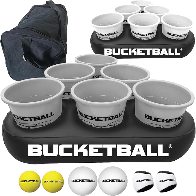 BucketBall | Team Color Edition | Party Pack (Silver/White): Original Yard Pong Game: Best Camping, Beach, Lawn, Outdoor, Family, Adult, Tailgate, Jumbo, Giant Game