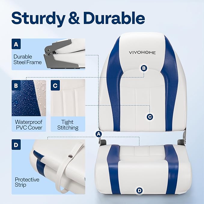 VIVOHOME Folding High Back Boat Seats 2 Pack, Waterproof Boat Captain Chairs, 4 Mounting Screws Included, White and Blue