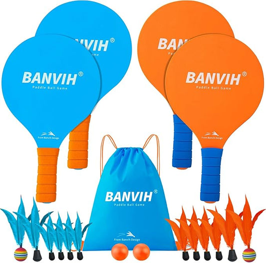 Banvih Badminton Set 4 Rackets, Paddle Ball Outdoor Games for Kids Teens Adults and Family, Sports Beach Toys - for Yard, Lawn, Camping Games Essentials
