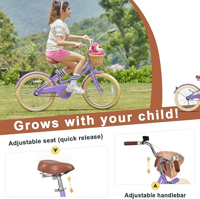 Glerc Little Molly 12-20 Inch Kids Retro Cruiser Bike for 2-13 Year Old with Wicker Basket & Training Wheels/Kickstand, Multiple Colors