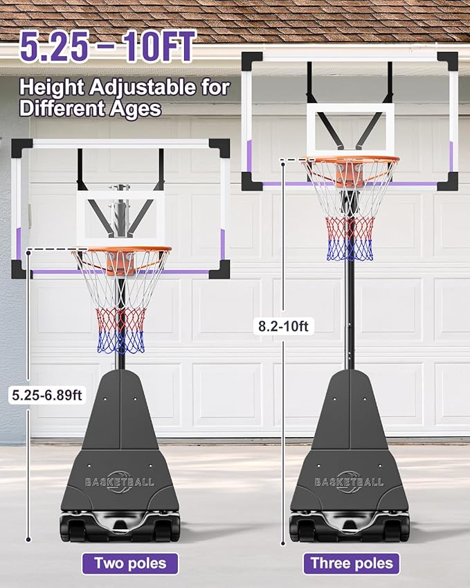 TONBUX Basketball Hoop Outdoor 44/48 Inch Shatterproof PC Backboard, 5.25-10FT Stepless Adjustable Height, Portable Basketball Hoop for Kids/Teens/Adults in Backyard, Driveway and Indoor