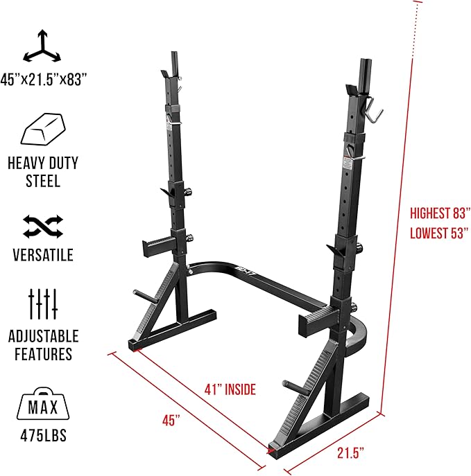 Valor Fitness Adjustable Power Squat Rack with J-Hooks, Locking Safety Catches, and Plate Storage – Home Gym Bench Press Station – Max Weight 475 lbs