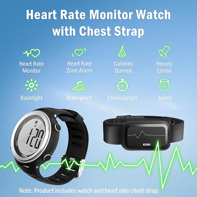 EZON Heart Rate Monitor Chest Strap, Exercise Heart Monitor, Sports Watch with HRM, Waterproof/Stopwatch/Hourly Chime, Steel Silver, T007A11