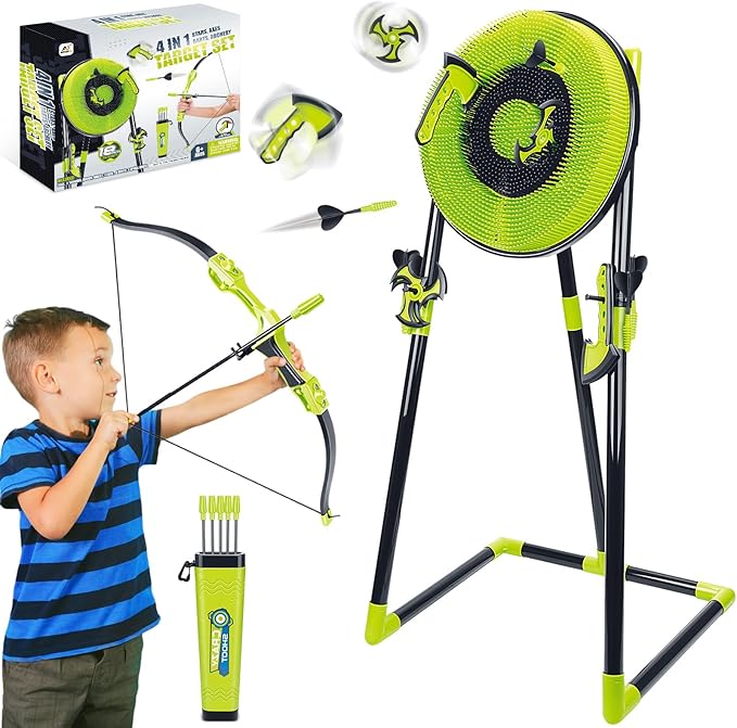 4 in 1 Axe Throwing Target Set for Backyard Kids Adults, Includes Bristle Target, Bow & 5 Arrow, 3 Throwing Axes, 3 Ninja Stars, 6 Darts, Safe Plastic Archery Yard Game for Outdoor Indoor