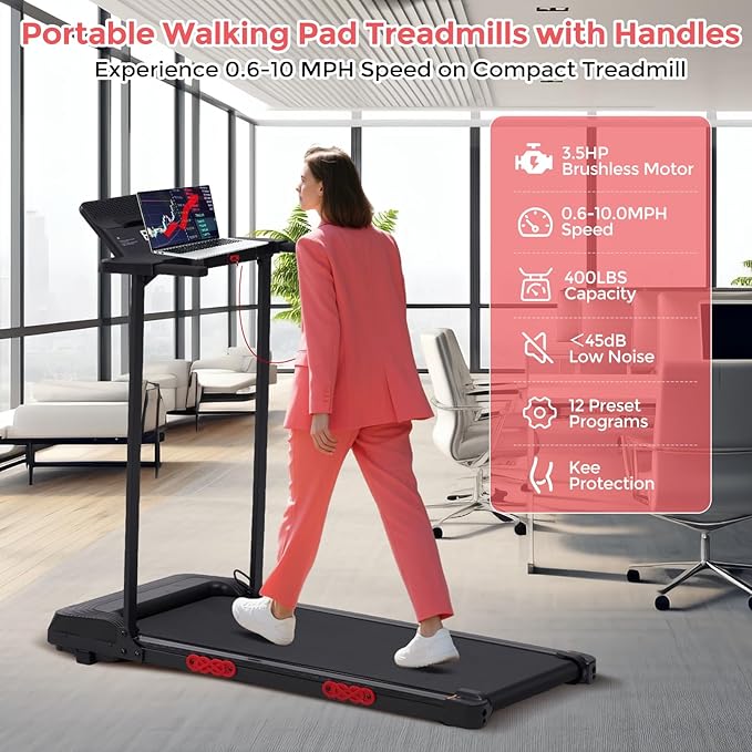 Portable Walking Pad Treadmill with Handle Bar, Foldable Folding Walking Pads Treadmills for Home with Handles