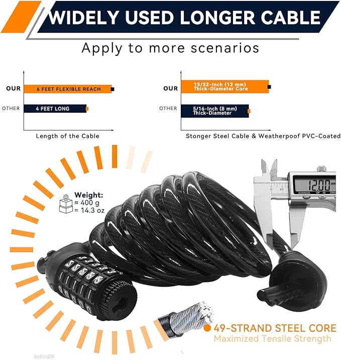 SEPOX® 2Pcs Pack 6FT Extra Long Cable Combination Bike Locks, 5 Digits Retractable Security Lock, 12mm Heavy Duty Anti Theft Anti Rust Cable for Bicycle, Scooter, Gate, Outdoor Equipment, Weatherproof