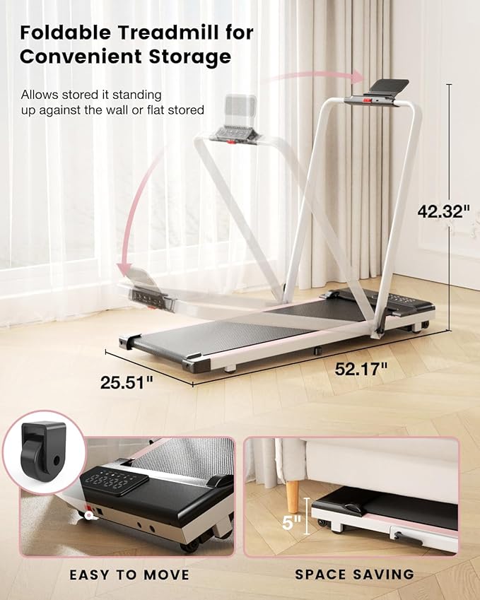 DeerRun 3 in 1 Walking Pad Treadmill, 300 Weight Capacity Foldable Treadmill, 3.0HP Low Noise Under Desk Treadmills for Home Office with Remote & APP