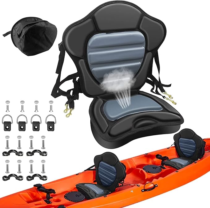 Kayak Seat Deluxe Padded Fishing Boat Seat Deluxe Sit-On-Top Canoe Seat Cushioned - Comfortable Backrest Support Universal Sit with Adjustable Back Strap Detachable Storage Bag