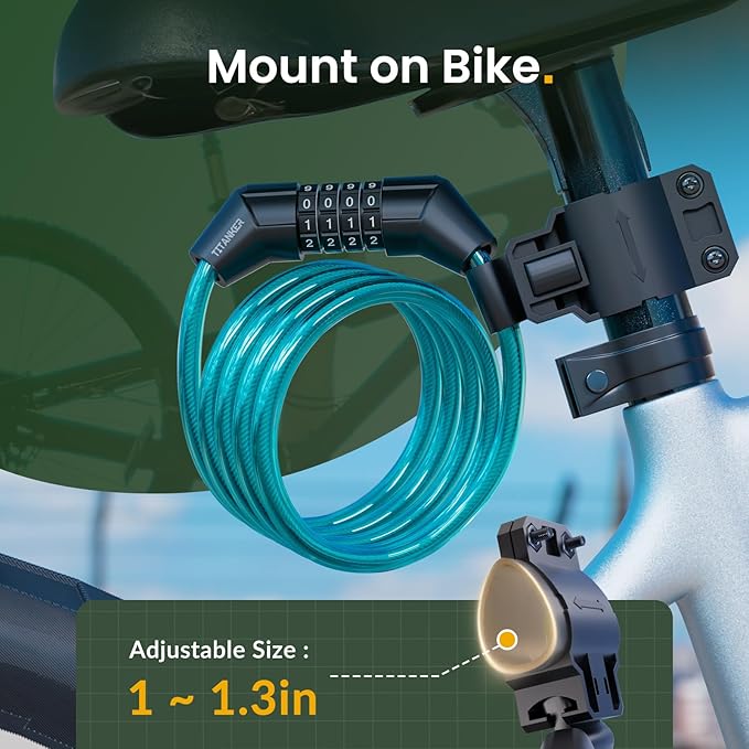 Titanker Bike Lock Cable, 4 Feet Bike Cable Lock Basic Self Coiling Kids Bike Lock Combination with Complimentary Mounting Bracket, 5/16 Inch Diameter (4FT, Blue-8mm)