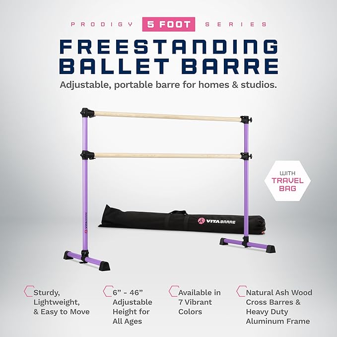 VITA Barre Portable Freestanding Double Ballet Barre, Prodigy, with Carry Bag | Adjustable Height, USA Made, Home or Gym Exercise Equipment for Kids & Adults | Dance, Fitness, Pilates