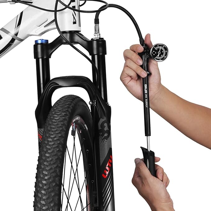 Giyo High Pressure Shock Pump, (300 PSI Max) for Fork & Rear Suspension, Lever Lock on Nozzle No Air Loss (Black)
