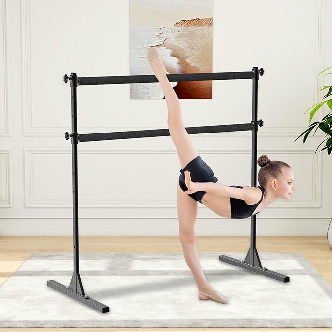 4FT/5FT/6FT Height Adjustable Freestanding Ballet Barre with Fabric Sleeve Portable Double Ballet Bar 350 lbs Capacity Heavy Duty Dance Barre for Home Workout, Stretch