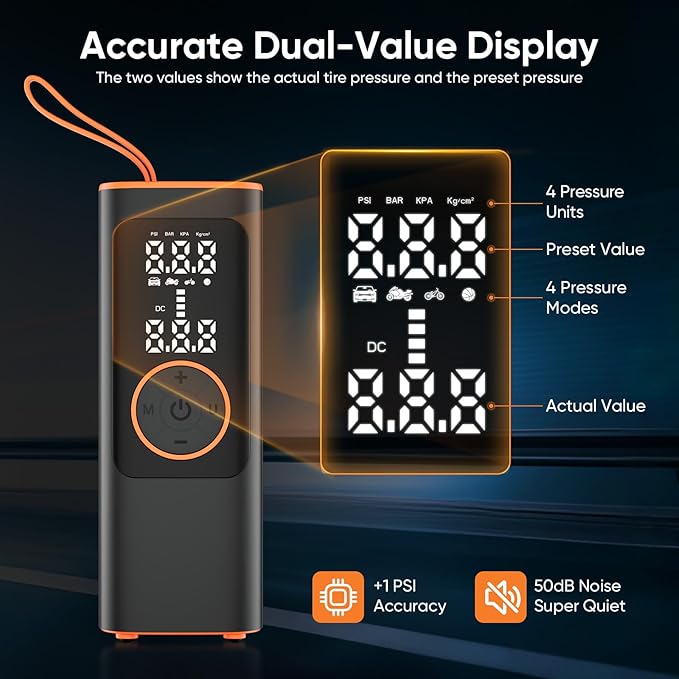 Tire Inflator Portable Air Compressor, 150PSI Cordless Air Pump for Car Tires, Electric Bike Tire Pump with Pressure Gauge, Auto Shut Off, LED Light for Car Motorcycle Bicycle Ball