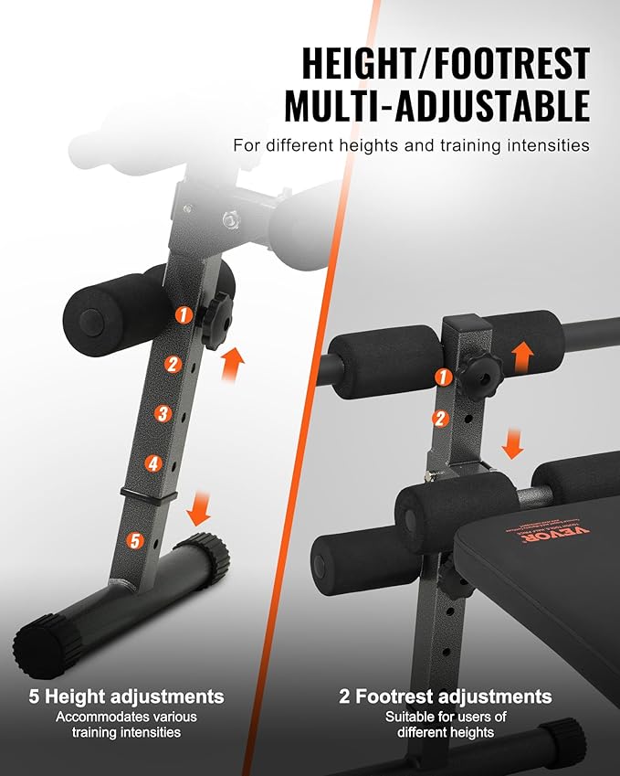 VEVOR Sit Up Bench, Decline Ab Bench with Reverse Crunch Handle, Adjustable Height Setting, Heavy Duty Steel, 500/600/1000 Lbs Capacity for Home Gym Workouts, Strength Training, Full Body Muscles