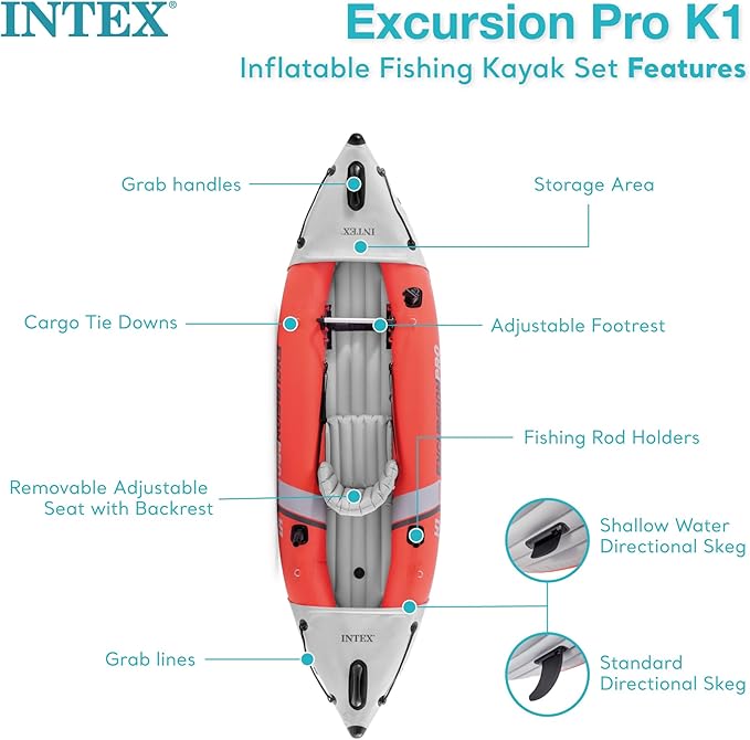 INTEX 68303EP Excursion Pro K1 Inflatable Kayak Set: Includes Deluxe 86in Kayak Paddles and High-Output Pump – SuperTough PVC – Adjustable Bucket Seat – 1-Person – 220lb Weight Capacity
