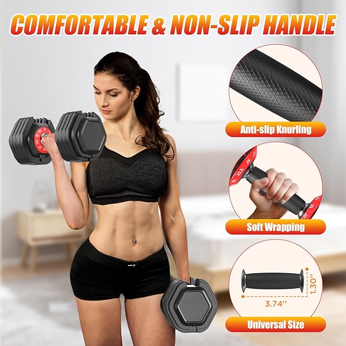 25/52.5/55LBS Adjustable Dumbbells Set with Anti-Slip Handle, Fast Adjust Weight Dumbbells Set with Dual Safety Locking System, Versatile Weights Set for Women & Men Full Body Workout Fitness, Compact Size Space Saving for home gym