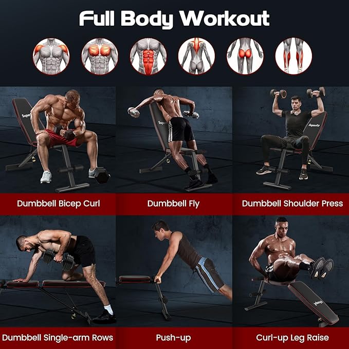 GYMAX Weight Bench, Adjustable Bench Press with 8 Back Positions & 3 Foot Positions, Padded Back & Seat Cushions, Incline/Decline/Flat Workout Bench for Weight Lifting Strength Training Home Gym