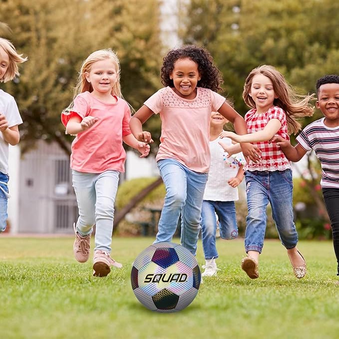 SQUAD Holographic Reflective Soccer Ball Size 5 - Reflective Glowing Ball for Night Games & Training - Durable PU Leather and Rubber Airbags - Cool & Unique Gift for Soccer Fans