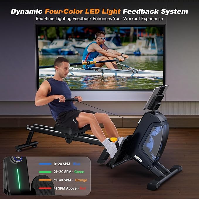 Magnetic Rowing Machine for Home Use, Foldable Rower with 32 Levels of Silent Resistance, LED Light Effects, Compact Dual Slide Rail, Max 350lb Capacity, Bluetooth & App Compatible