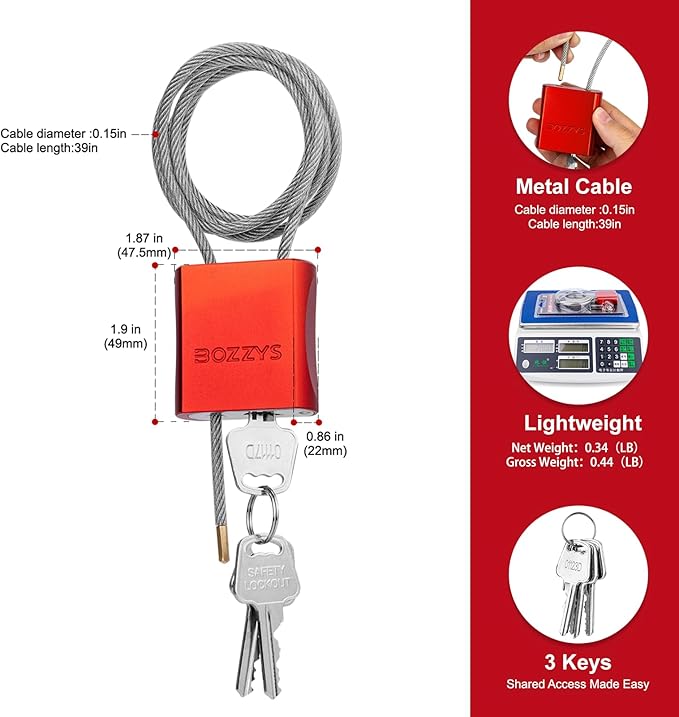 Adjustable Cable Locks with 3 Keys | L 3.28ft x D 1/6in Aluminum Steel Cable Padlock for Bikes, Gate, Lockers & Outdoor Gear | Keyed Different & Red