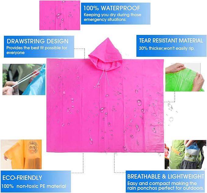 Ponchos for Kids, Disposable Rain Ponchos Multi-Colored Raincoat for Camping Hiking Traveling Backpacking for Boys Girls, 4 Pack
